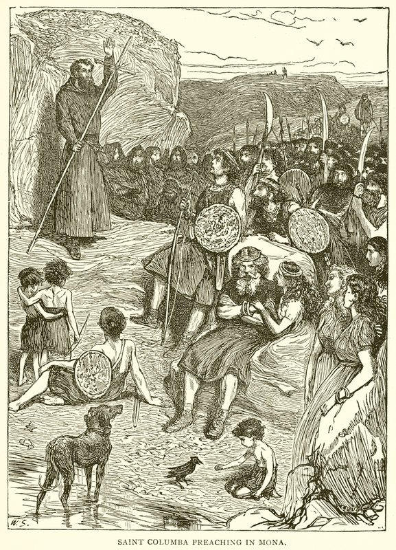 Saint Columba prædiker i Mona af English School