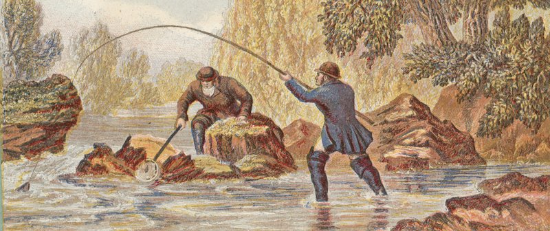 Laksefiskeri (farve litho) af English School