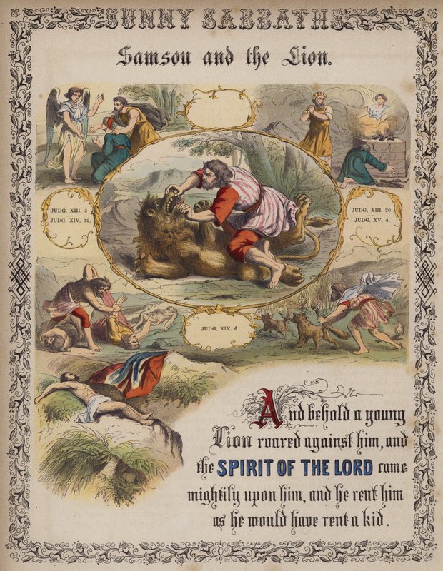 Samson og løven (farvet gravering) af English School