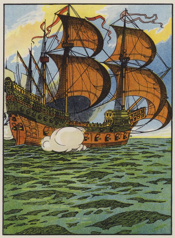 Skibe af den spanske armada (farve litho) af English School