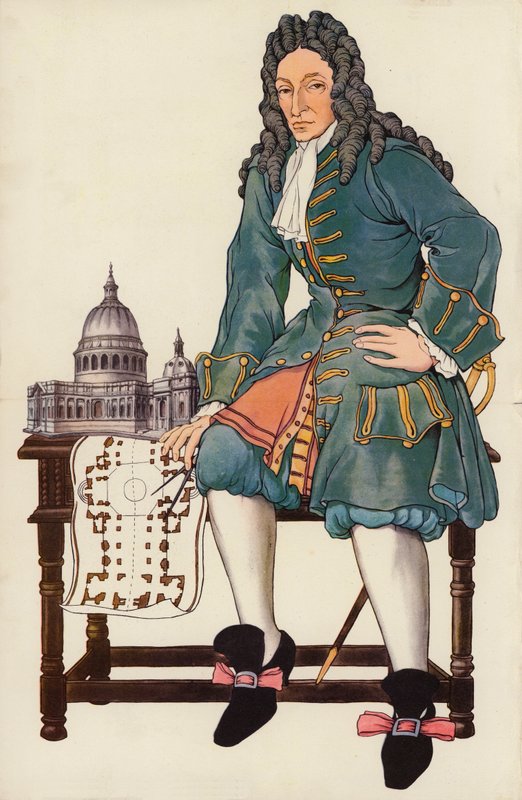 Sir Christopher Wren (farve litho) af English School