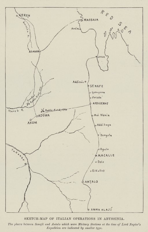 Skitse-kort over italienske operationer i Abessinien (gravering) af English School