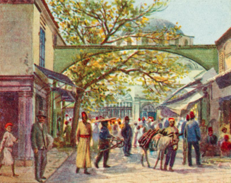Smyrna, en tyrkisk basar (farvelitografi) af English School