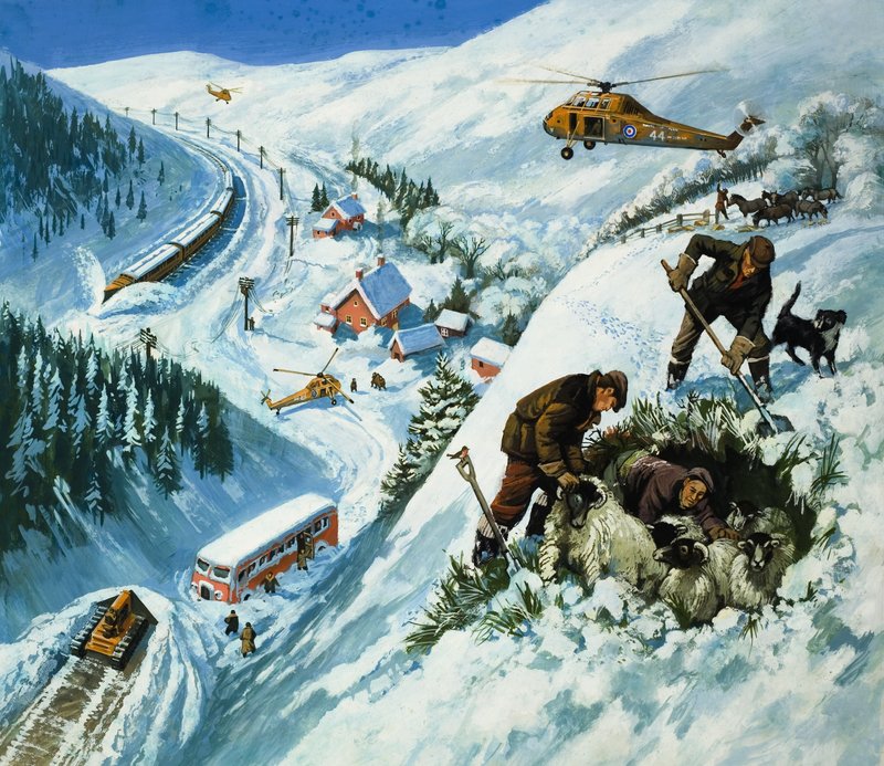 Snow Rescue (gouache på papir) af English School