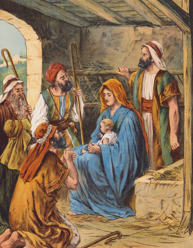 Jesu Kristi fødsel (farvelitografi) af English School