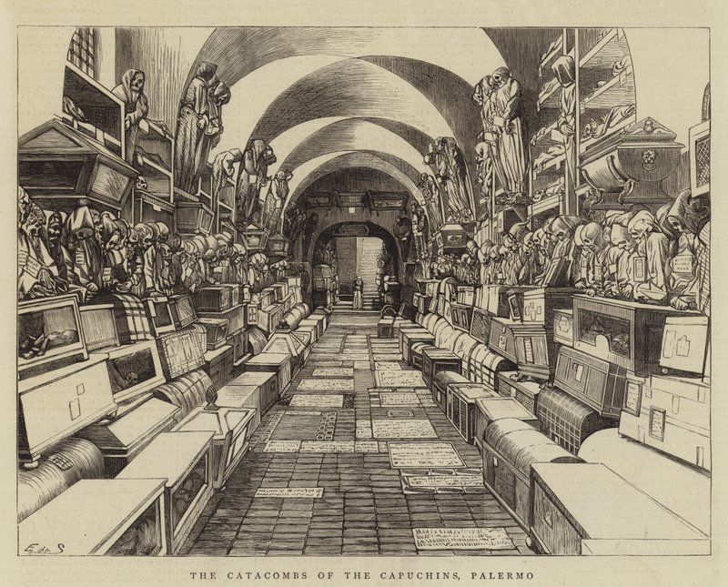 Kapucinernes katakomber, Palermo (gravering) af English School
