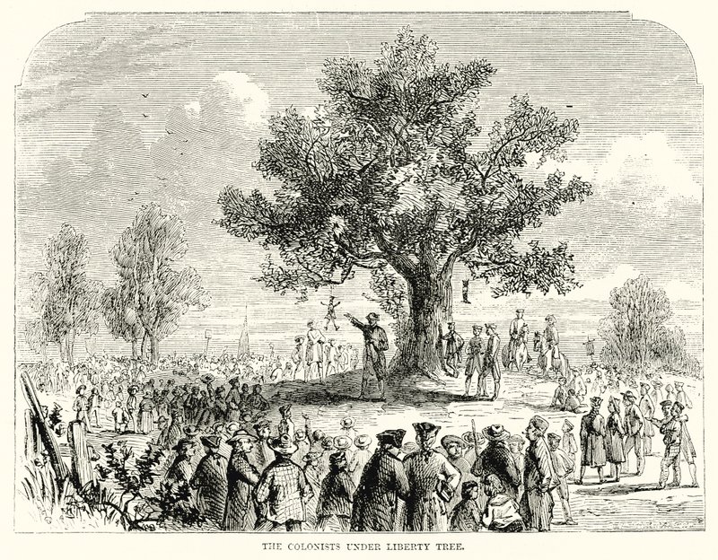 Kolonisterne under Liberty Tree (gravering) af English School