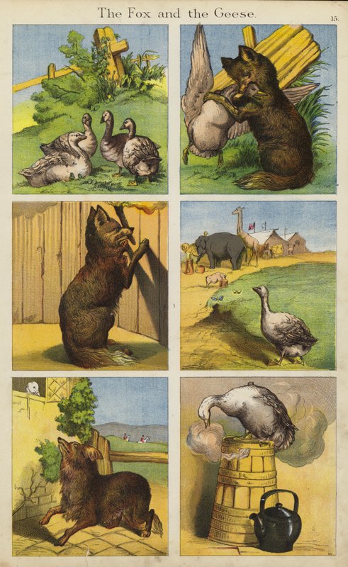 Ræven og gæssene (farve litho) af English School