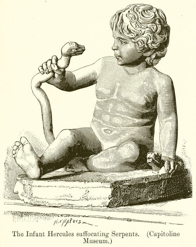 Spædbarnet Hercules kvælende slanger. (Capitoline Museum) af English School
