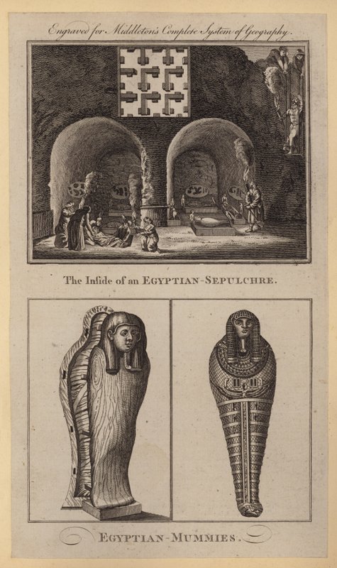 Indersiden af en egyptisk-grav, egyptiske-mumier (gravering) af English School