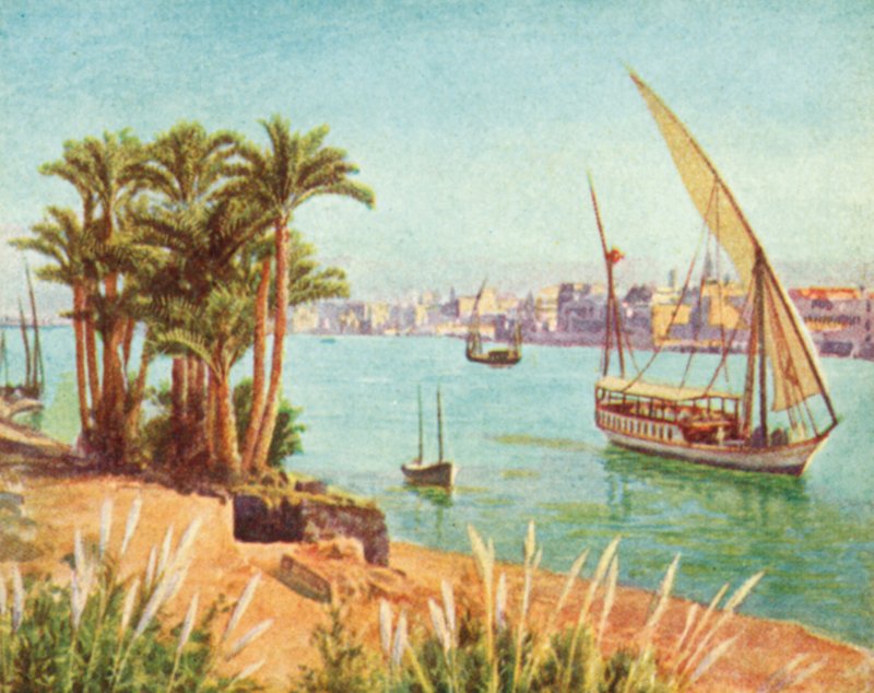 Nilen, udsigt nær Cairo (farvelitografi) af English School