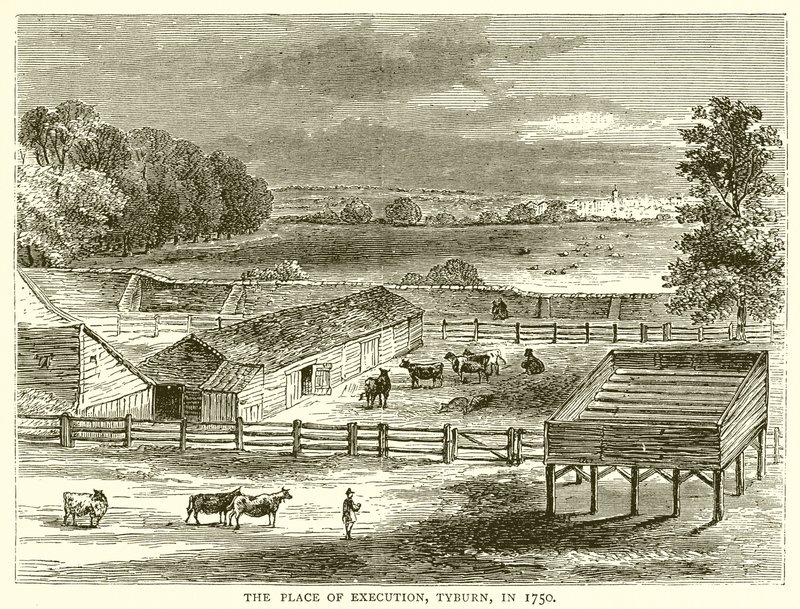 Henrettelsesstedet, Tyburn, i 1750 af English School