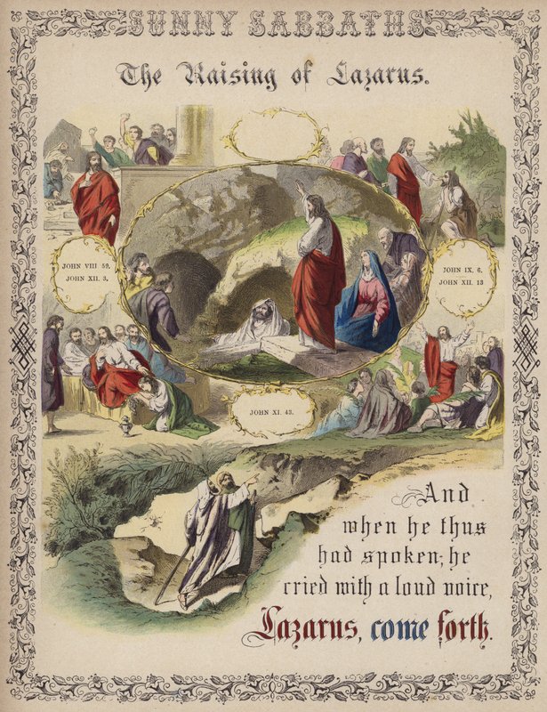 The Raising of Lazarus (farvet gravering) af English School