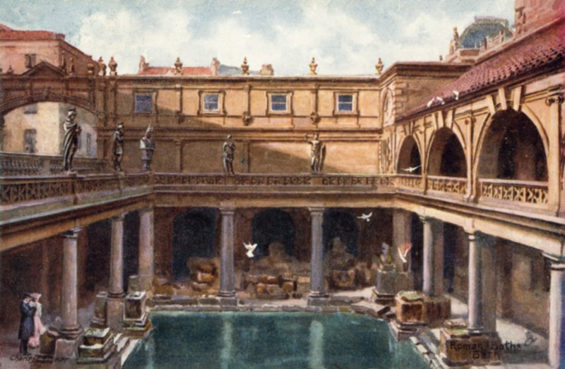De romerske bade, Bath (farve litho) af English School