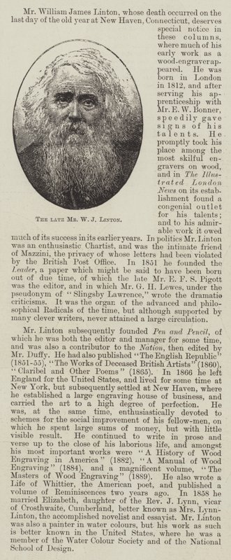 Den afdøde hr. W J Linton (gravering) af English School