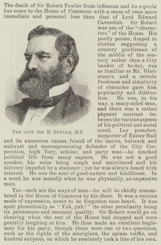 Den afdøde Sir R Fowler, MP (gravering) af English School