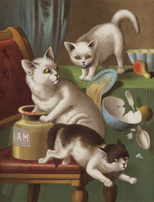 Three Kitten Thieves (chromolitho) af English School