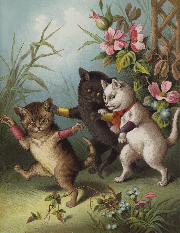 Tre små killinger i en have (chromolitho) af English School