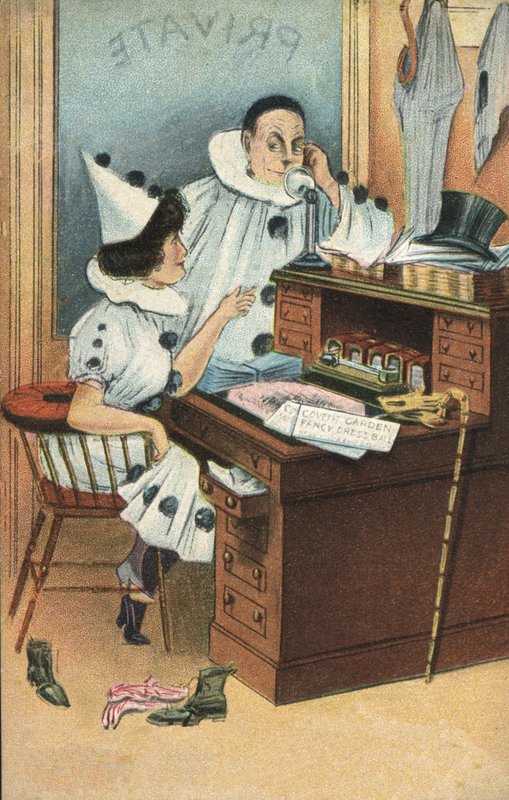 To klovne på et kontor (farve litho) af English School