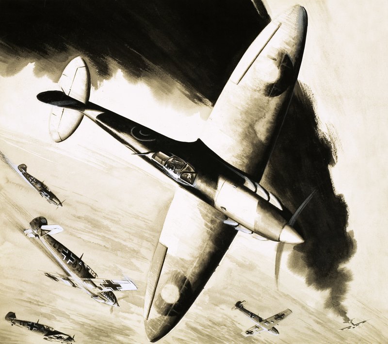 Uidentificeret Spitfire i luftkamp med tyske jagerfly af English School