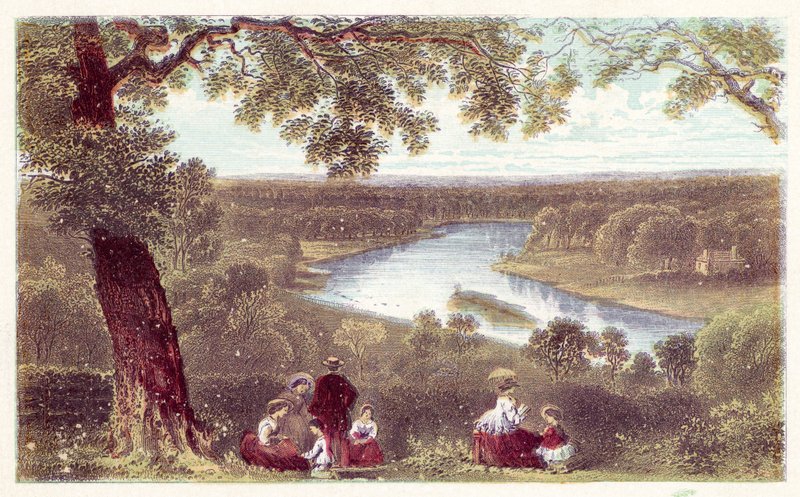 Udsigt fra terrassen, Richmond Hill (farve litho) af English School