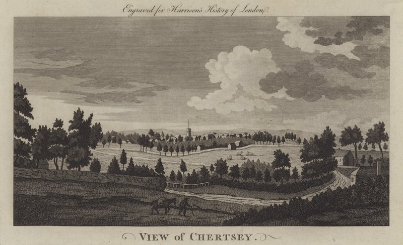 Udsigt over Chertsey, Surrey (gravering) af English School