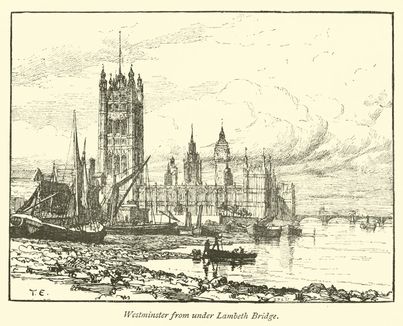Westminster from under Lambeth Bridge  af English School