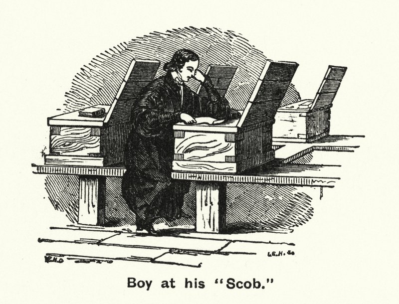 Winchester College: Boy at his "Scob" (gravering) af English School