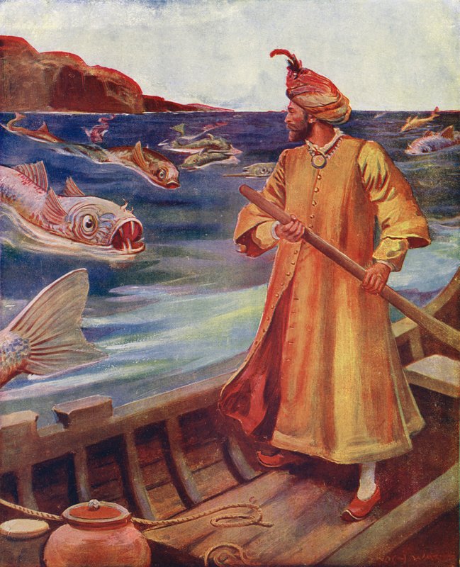 Sindbad ser de store fisk (farvelitografi) af Enoch Ward