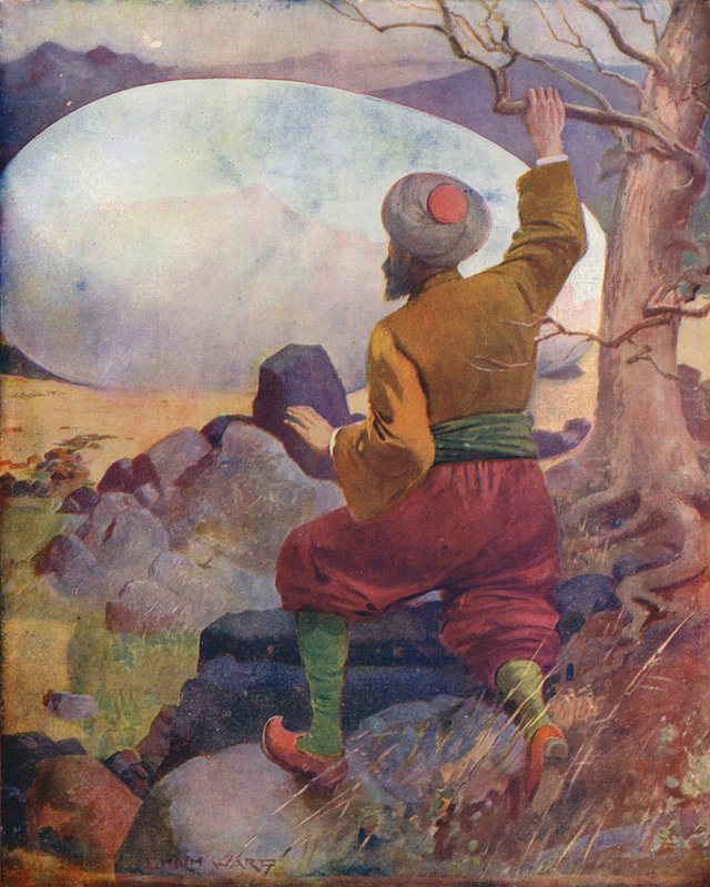 Sindbad ser rokkens æg (farvelitografi) af Enoch Ward