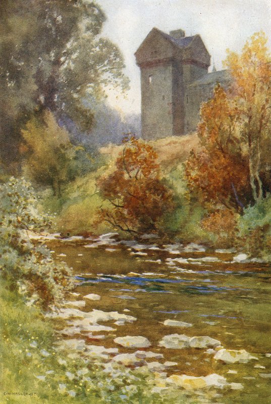 Branxholm Tower (farve litho) af Ernest William Haslehust