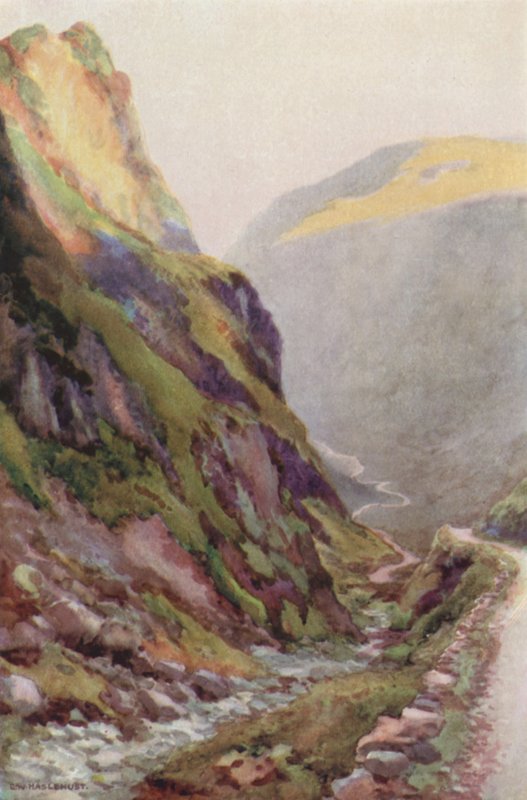 Honister Pass Dawn (farve litho) af Ernest William Haslehust