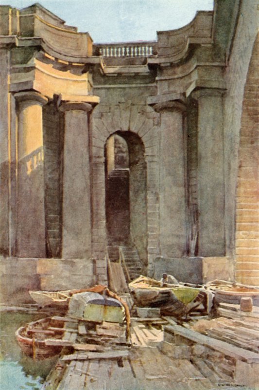 River Steps, Waterloo Bridge (farve litho) af Ernest William Haslehust