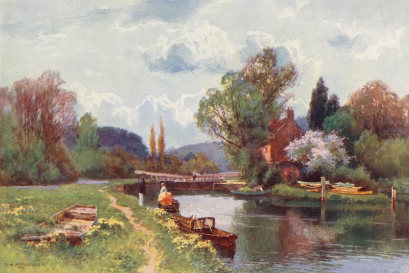 Themsen: Hurley Lock (farvelitografi) af Ernest William Haslehust
