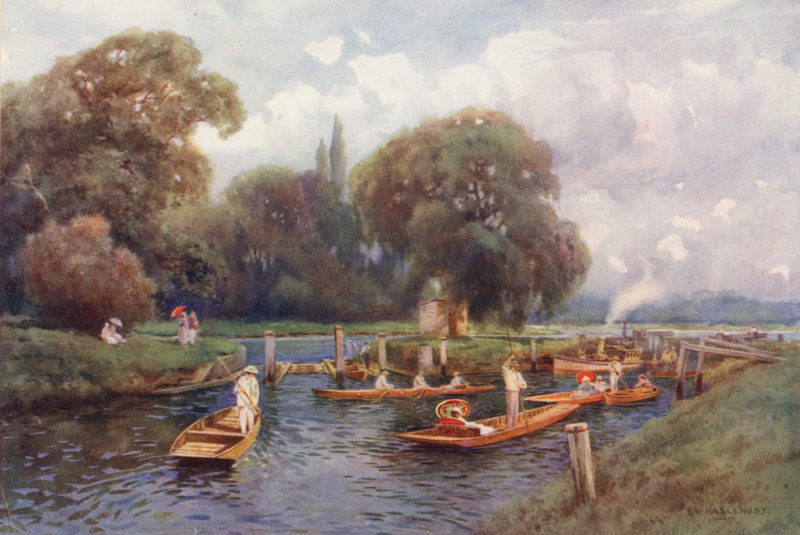 Themsen: Molesey Lock (farvelitografi) af Ernest William Haslehust