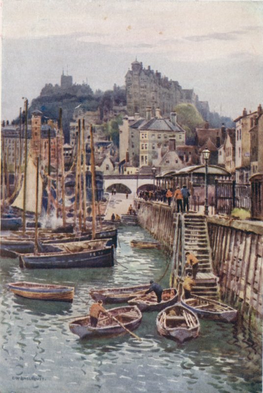 Fiskerhavnen, Folkestone (farve litho) af Ernest William Haslehust