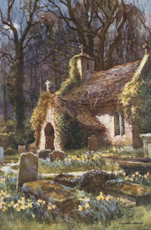Den gamle kirke, Bonchurch (farve litho) af Ernest William Haslehust