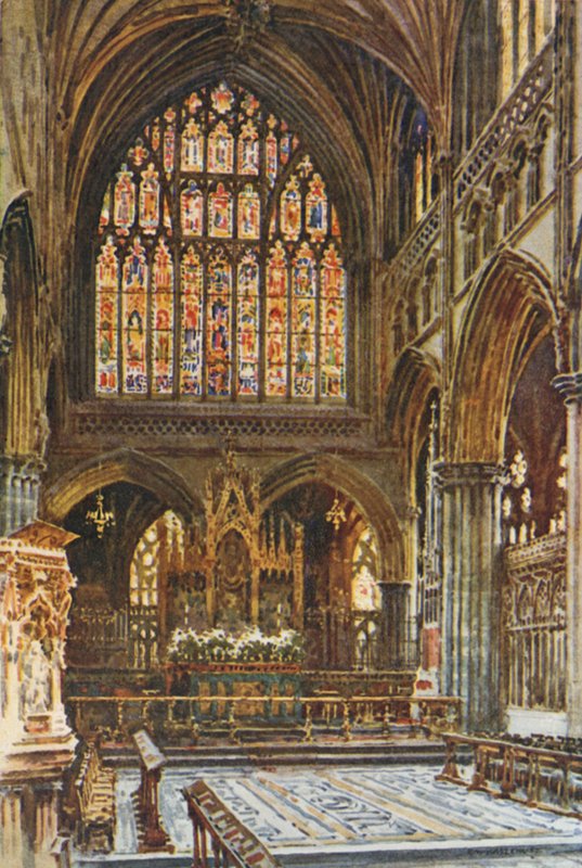 The Sanctuary, Exeter Cathedral (farve litho) af Ernest William Haslehust