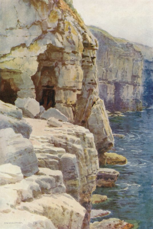 Tilly Whim Caves, Swanage (farve litho) af Ernest William Haslehust
