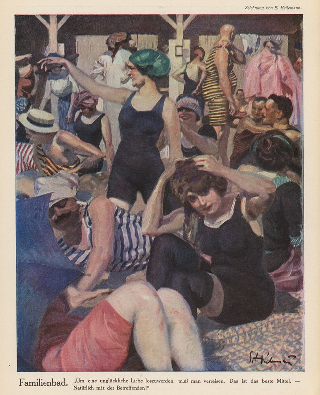 Strandscene (farve litho) af Ernst (after) Heilemann