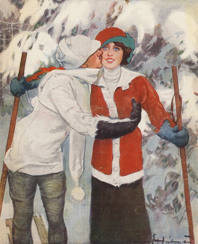 Par skiløb om vinteren (farve litho) af Ernst (after) Heilemann