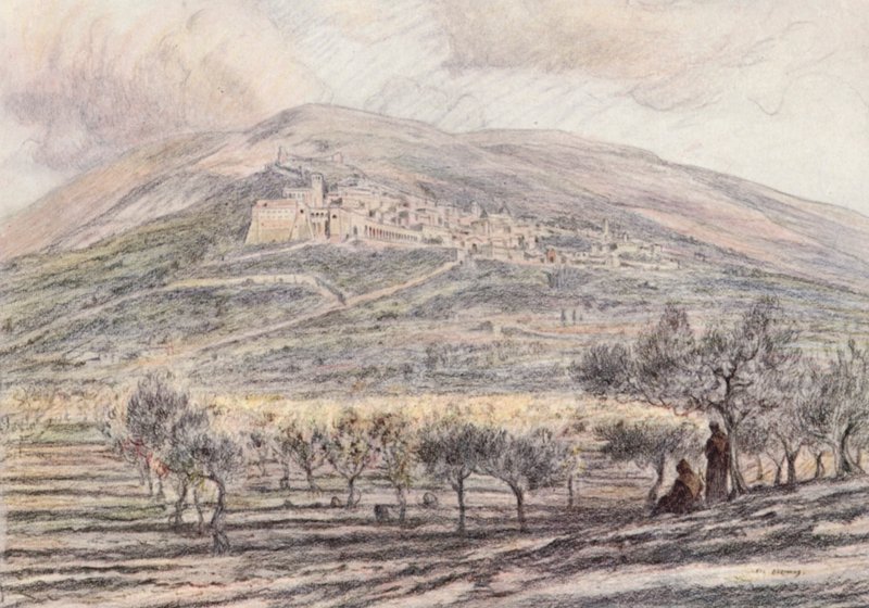 Assisi (farvelitografi) af Eugene (after) Burnand