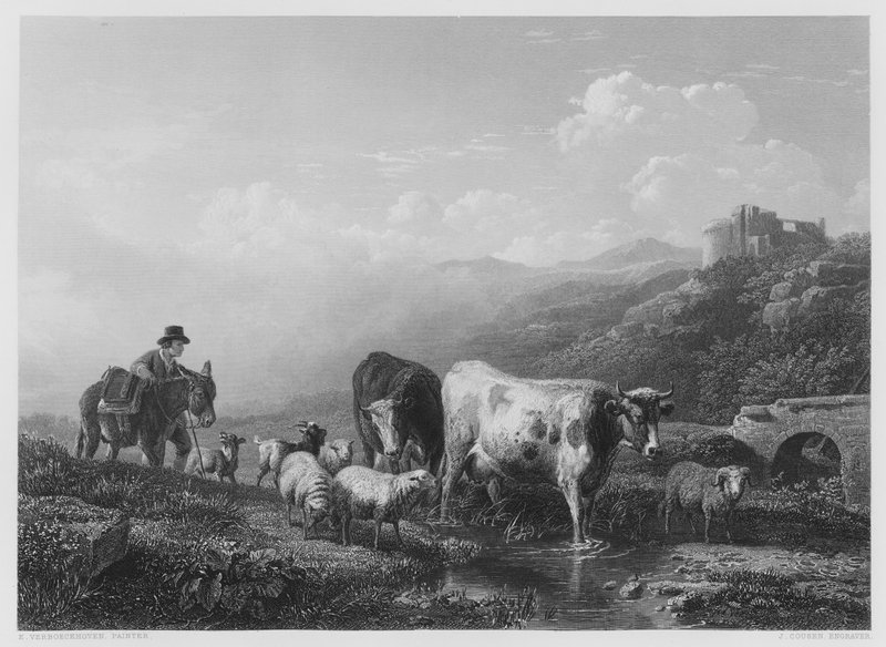 Passing the Brook (gravering) af Eugene Joseph Verboeckhoven