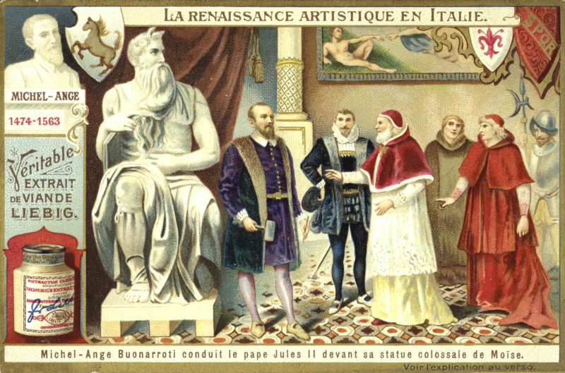 Michelangelo showing Pope Julius II his colossal statue of Moses  af European School