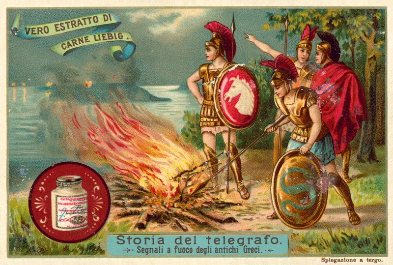 Gamle grækere signalerer med ild (chromolitho) af European School