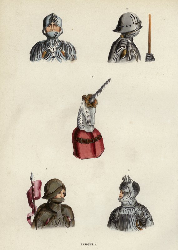 Casques (farvet gravering) af European School
