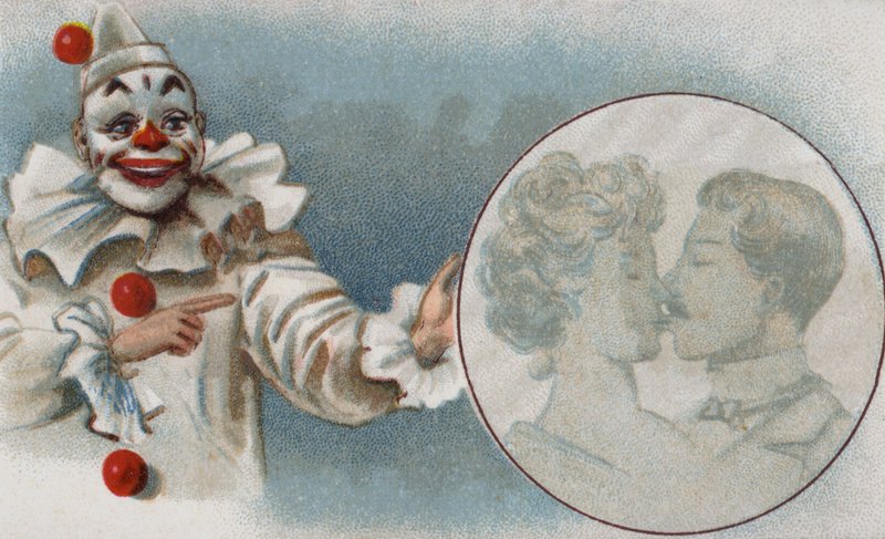 Klovn ser på et par, der kysser (chromolitho) af European School