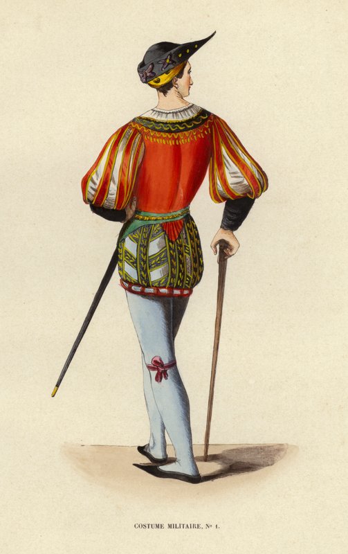 Costume Militaire (farvet gravering) af European School