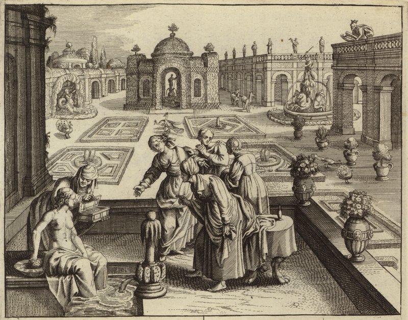 David ser Bathsheba bade (gravering) af European School