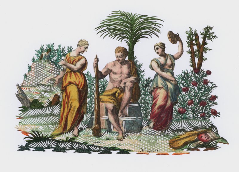 Herakles i en have (farvet gravering) af European School